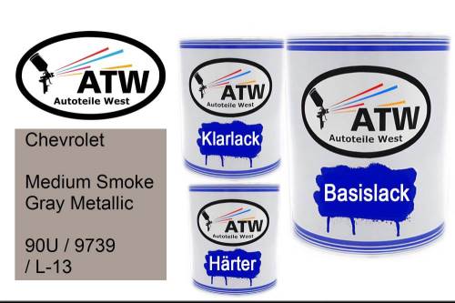 Chevrolet, Medium Smoke Gray Metallic, 90U / 9739 / L-13: 1L Lackdose + 1L Klarlack + 500ml Härter - Set, von ATW Autoteile West.
